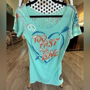 Vintage Y2K Affliction Women's Teal Graphic Crystal Wide Neck Top